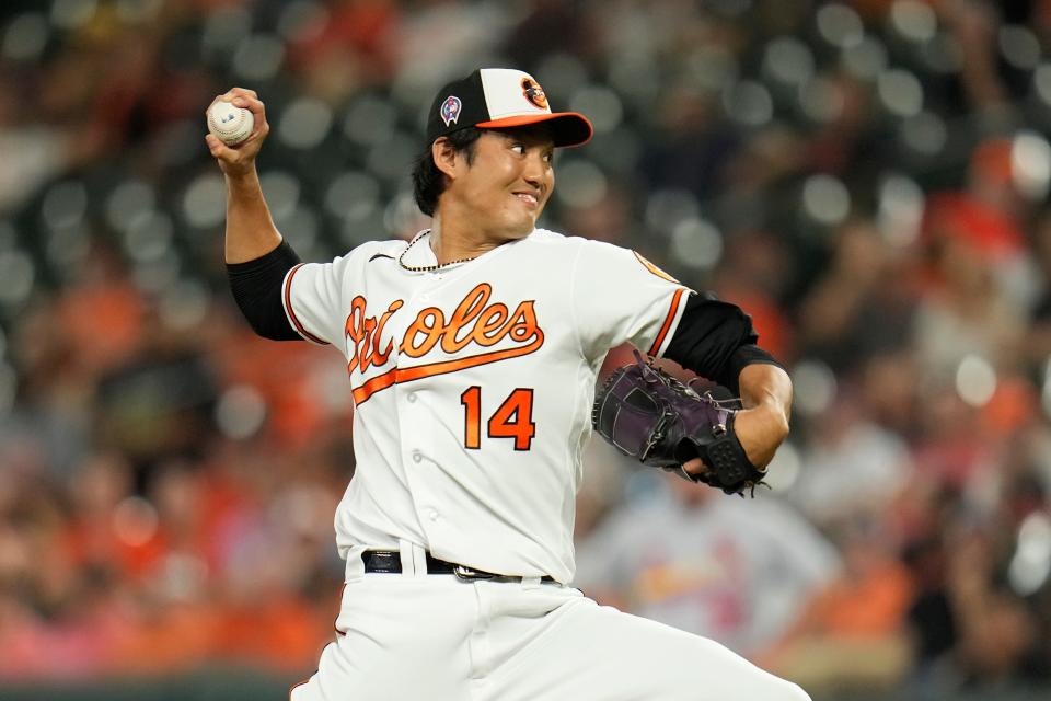 Baltimore Orioles relief pitcher Shintaro Fujinami throws to the St. Louis Cardinals in the ninth inning of a baseball game, Monday, Sept. 11, 2023 in Baltimore. The Orioles won 11-5.