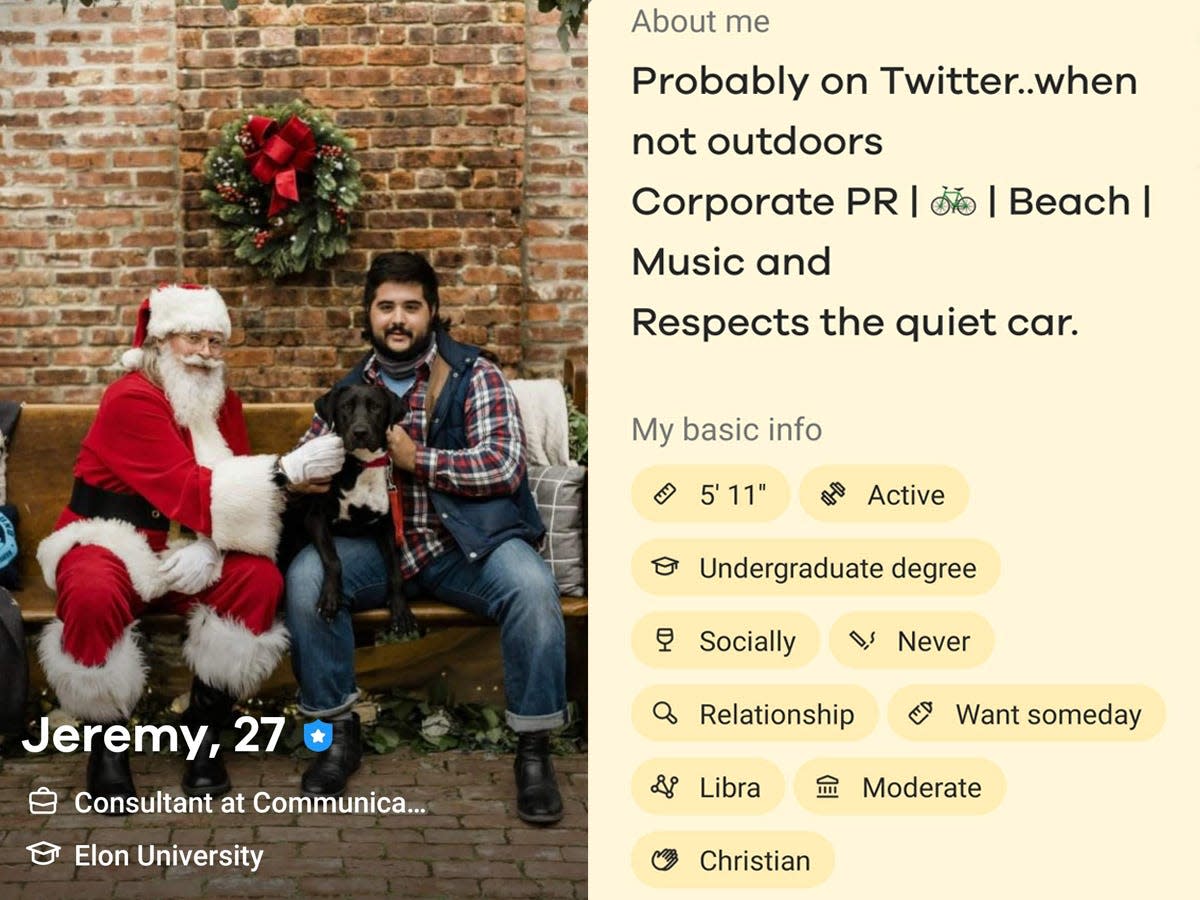 A side-by-side photo shows a man sitting with his dog and a person dressed like Santa Claus, next to his dating profile with details about his values and life.