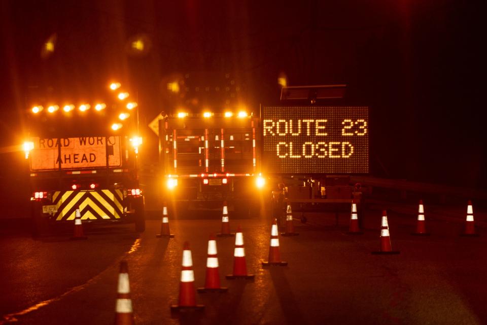 Jan 10, 2024; Pequannock, NJ, USA; Route 23 Southbound in Pequannock is closed on Wednesday due to flooding.