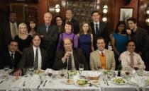 THE OFFICE -- "Niagara" Episode 604/605 -- Pictured: (standing, l-r) Leslie David Baker as Stanley Hudson, Angela Kinsey as Angela Martin, Ellie Kemper as Kelly Erin Hannon, Creed Bratton as Creed, Phyllis Smith as Phyllis Lapin, Bobby Ray Shafer as Bob Vance, Kate Flannery as Meredith Palmer, Jenna Fischer as Pam Beesly, John Krasinski as Jim Halpert, Mindy Kaling as Kelly Kapoor, B.J. Novak as Ryan Howard; (seated, l-r) Steve Carell as Michael Scott, Rainn Wilson as Dwight Schrute, Brian Baumgartner as Kevin Malone, Ed Helms as Andy Bernard, Oscar Nunez as Oscar Martinez -- Photo By: Chris Haston/NBC/NBCU Photo Bank