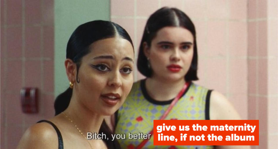 A meme featuring Maddie from Euphoria saying "Bitch, you better give us the maternity line, if not the album"