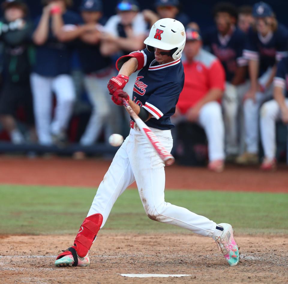 Ketcham's Conner Durkin (10) connects with a pitch during the Class AA regional semifinal baseball game against Horseheads at Dutchess Stadium in Wappingers Falls, on Thursday, June 2, 2022.