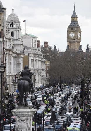 London cab drivers protest against Uber in central London, Britain February 10, 2016. REUTERS/Toby Melville