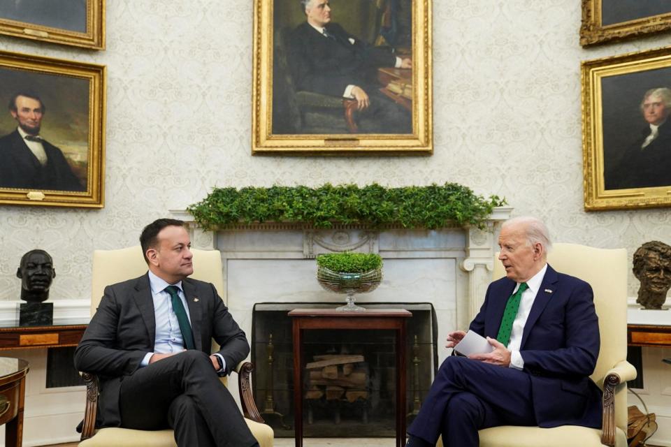 PHOTO: President Joe Biden meets with Irish Taoiseach (Prime Minister) Leo Varadkar at the White House, as part of annual Saint Patrick's day events, March 15, 2024, in Washington. (Kevin Lamarque/Reuters)
