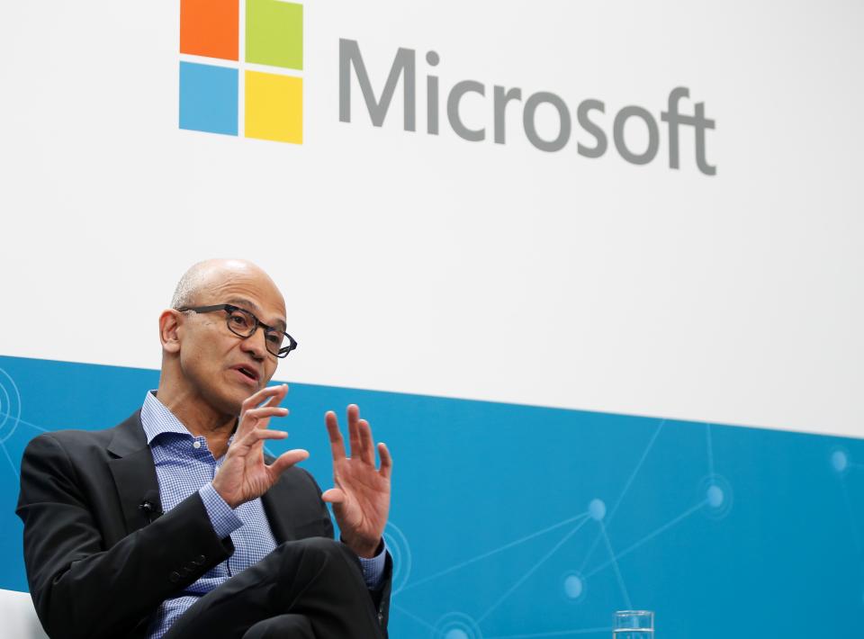 BERLIN, GERMANY - FEBRUARY 27: CEO of Microsoft Satya Nadella and CEO of Volkswagen, Herbert Diess (not seen) attend a session during their visit to Volkswagen Digital Lab in Berlin, Germany on February 27, 2019. (Photo by Abdulhamid Hosbas/Anadolu Agency/Getty Images)