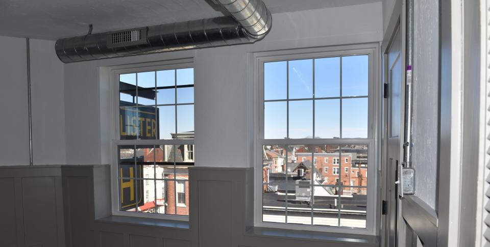 A view from a room in the restored McAllister Hotel showing Hanover borough from above. The hotel houses market rate apartments, a fine dining restaurant and a coffee shop.