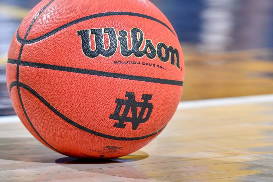 Jan 26, 2019; South Bend, IN, USA; A basketball sits on the court during the game between the Notre Dame Fighting Irish and the Virginia Cavaliers at the Purcell Pavilion. Matt Cashore-USA TODAY Sports