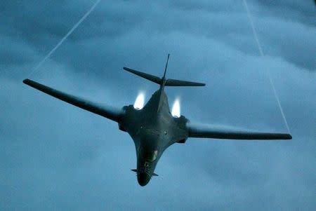 A B-1B Lancer from the U.S. Air Force 28th Air Expeditionary Wing heads out on a combat mission in support of strikes on Afghanistan in this file picture released December 7, 2001. Cedric H.Rudisill/USAF/Handout via REUTERS/Files