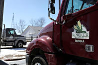 Grain trucks belonging to farmer Austin Rincker sit outside in Moweaqua, Illinois, U.S., March 6, 2019. REUTERS/Daniel Acker/Files