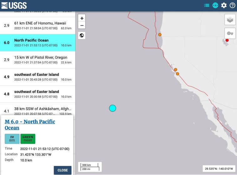 Screenshot from the USGS.gov website of earthquake in the North Pacific Ocean on Tuesday, Nov. 1, 2022.