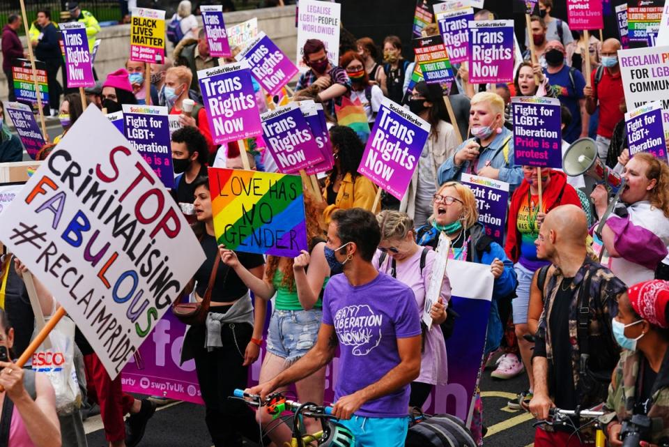 Demonstrators on a Reclaim Pride march in London in 2022 calling on former prime minister Boris Johnson to ‘stop stalling’ on LGBTI rights (PA Archive)