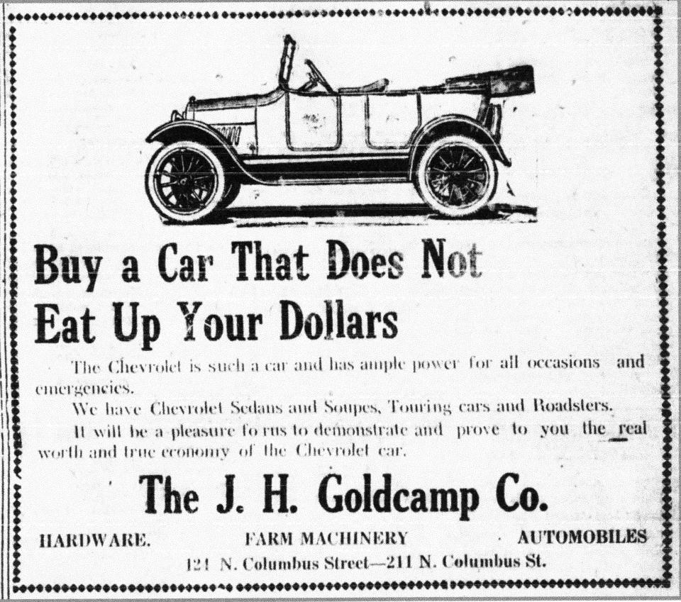 This ad for a Chevrolet appeared in the Daily Eagle on May 21, 1920.J. H. Goldcamp had two locations by then: 124 and 211 N. Columbus St.