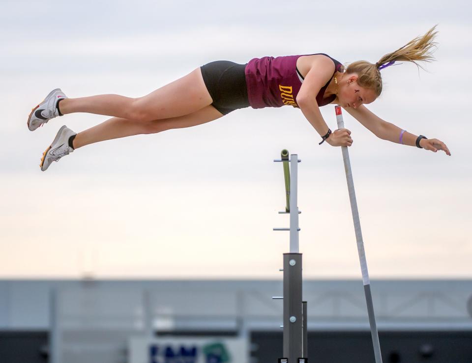 Dunlap's Chelsea Wetzel easily clears her starting height in the pole vault Thursday, May 11, 2023 at the Galesburg Sectional Track and Field Meet at Galesburg High School.