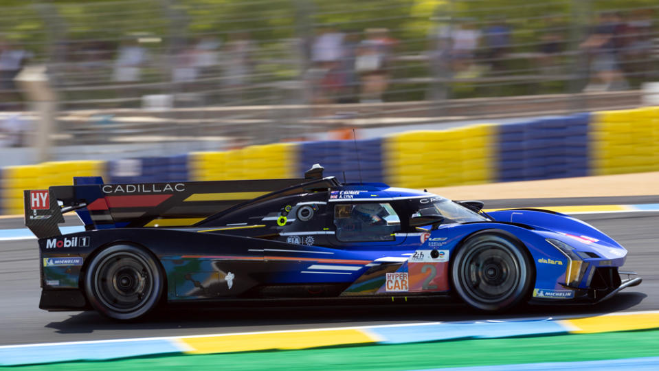 Car No. 2, among Cadillac's trio of V-Series.R hypercars, on its way to a third-place finish overall at the 2023 24 Hours of Le Mans.