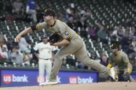 San Diego Padres' Michael King throws during the first inning of a baseball game against the Milwaukee Brewers Wednesday, April 17, 2024, in Milwaukee. (AP Photo/Morry Gash)