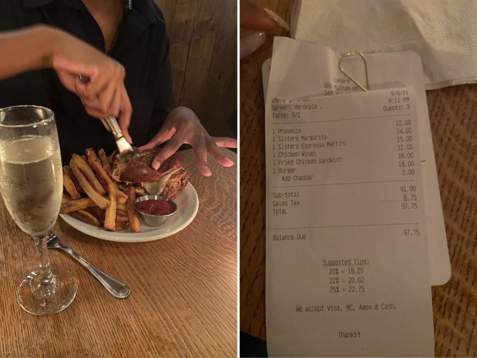 Side by side photo of someone cutting a sandwich and a reciept