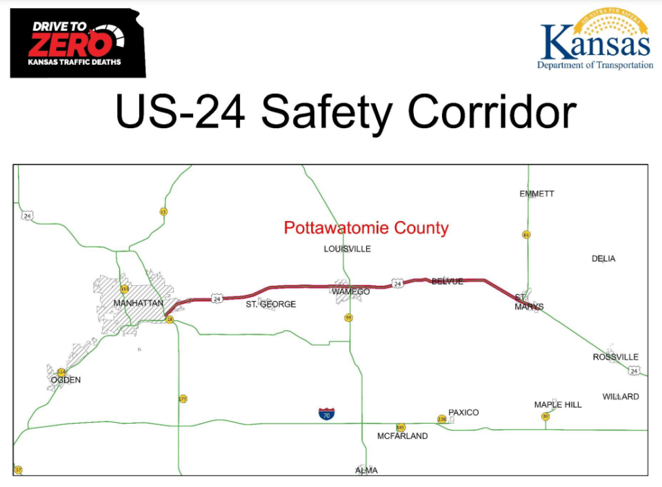 This stretch of US-24 highway between St. Marys and Manhattan, which has seen multiple deadly crashes in recent years, is part of a traffic safety pilot program featuring increased law enforcement and other efforts.