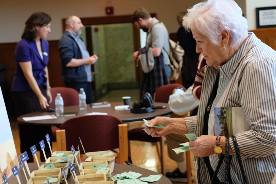 An attendee tries to decide her preservation priorities at the Texas Historical Association's preservation forum in downtown Amarillo Thursday.