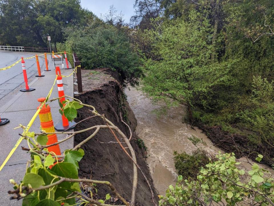 San Luis Obispo Creek flooded and caused erosion during the January and March storms that threatened San Luis Drive. A new wall has since been constructed to prevent future erosion.