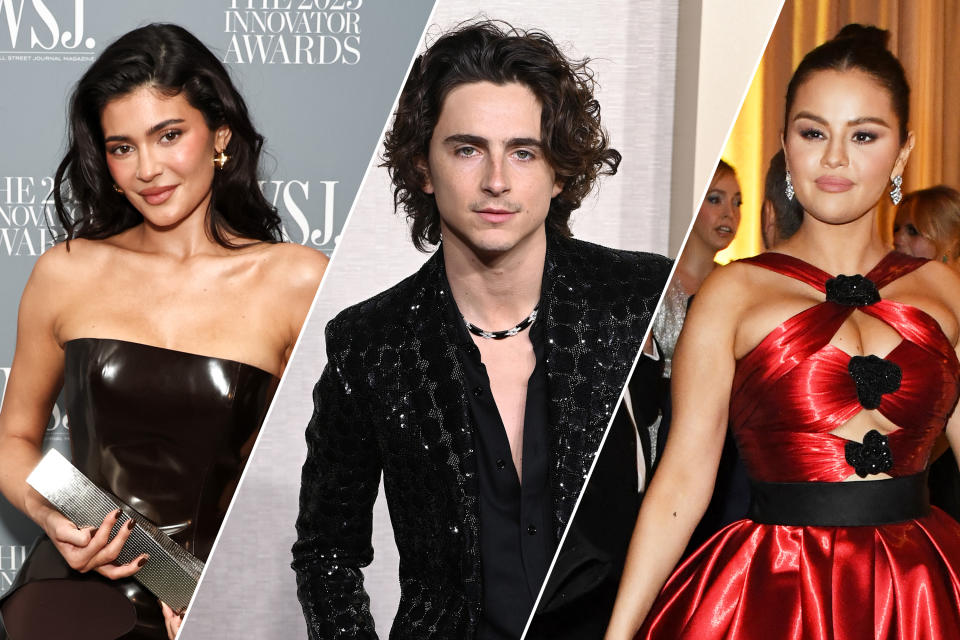 Three photos of Kylie Jenner, Timothée Chalamet and Selena Gomez at the Golden Globes.