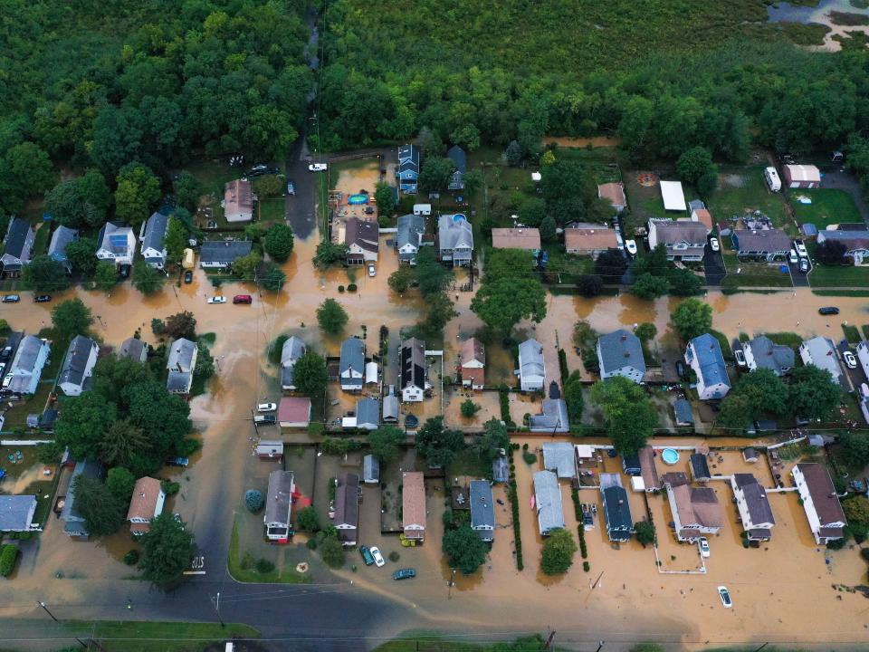 An aerial view of flooded streets are seen in Helmetta of New Jersey, United States on August 22, 2021 as Tropical Storm Henri hit east coast.