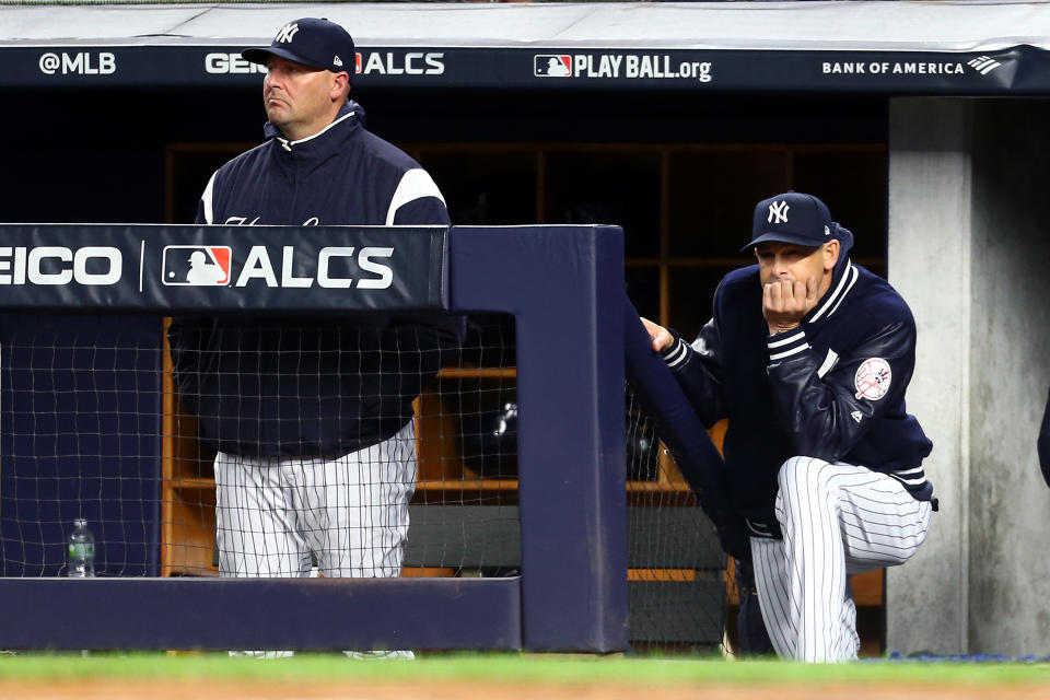 NEW YORK, NEW YORK - OCTOBER 17:  Aaron Boone #17 of the New York Yankees looks on against the Houston Astros during the first inning in game four of the American League Championship Series at Yankee Stadium on October 17, 2019 in New York City. (Photo by Mike Stobe/Getty Images)