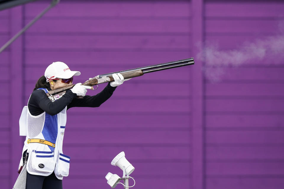 Wei Meng, of China, competes in the women's skeet at the Asaka Shooting Range in the 2020 Summer Olympics, Sunday, July 25, 2021, in Tokyo, Japan. (AP Photo/Alex Brandon)