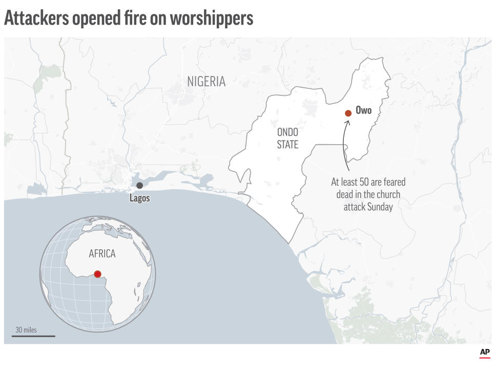 Authorities in southwestern Nigeria say gunmen killed at least 50 people at a church in Ondo State, Nigeria
