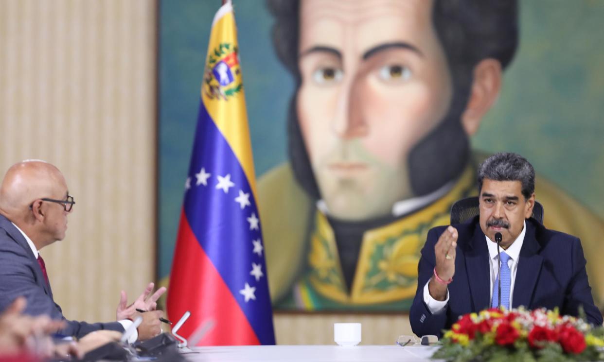 <span>President Nicolás Maduro meets with security officials in Caracas on Monday amid a crackdown on protesters who claim he stole the recent election.</span><span>Photograph: Prensa Miraflores/EPA</span>