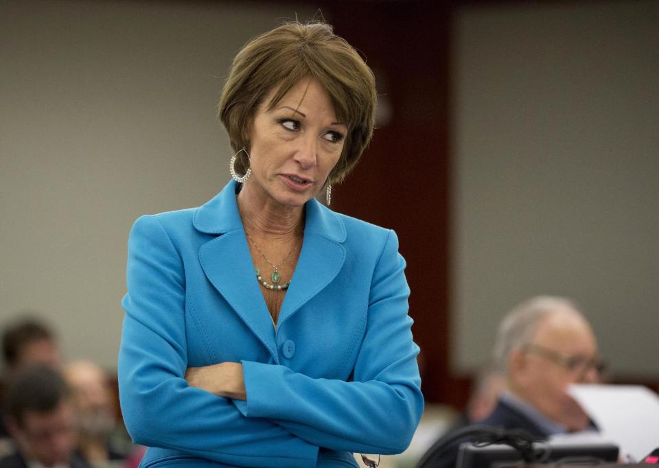 Defense attorney Patricia Palm questions O.J. during an evidentiary hearing in Clark County District Court, Wednesday, May 15, 2013 in Las Vegas. Simpson, who is currently serving a nine to 33-year sentence in state prison as a result of his October 2008 conviction for armed robbery and kidnapping charges, is using a writ of habeas corpus, to seek a new trial, claiming he had such bad representation that his conviction should be reversed. (AP Photo/Julie Jacobson, Pool)