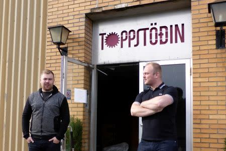 Start-up firm Icewind’s founder and CEO Saethor Asgeirsson and Chief Business Development Officer Thor Bachmann pose for a picture in front of the company’s headquarters in Reykjavik, Iceland, September 21, 2016. REUTERS/Stine Jacobsen