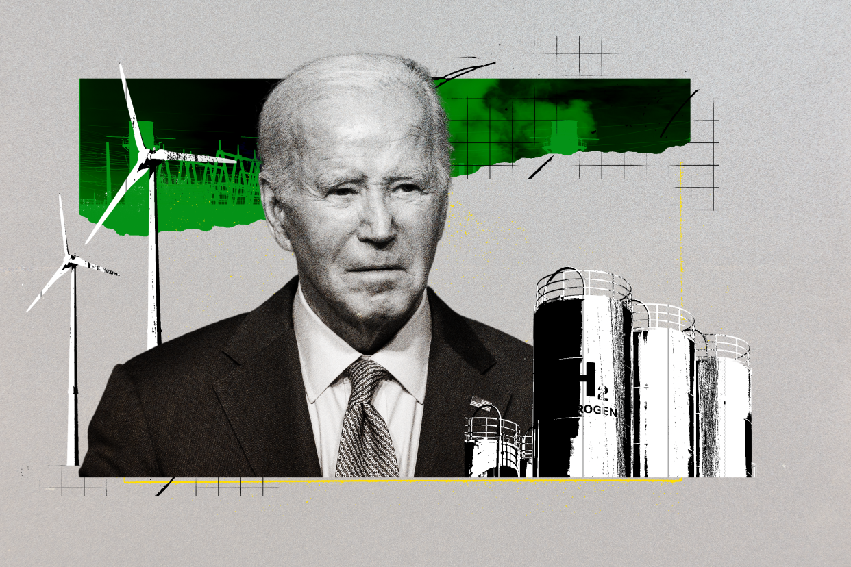 Photo illustration of President Biden with wind turbines and hydrogen tanks.