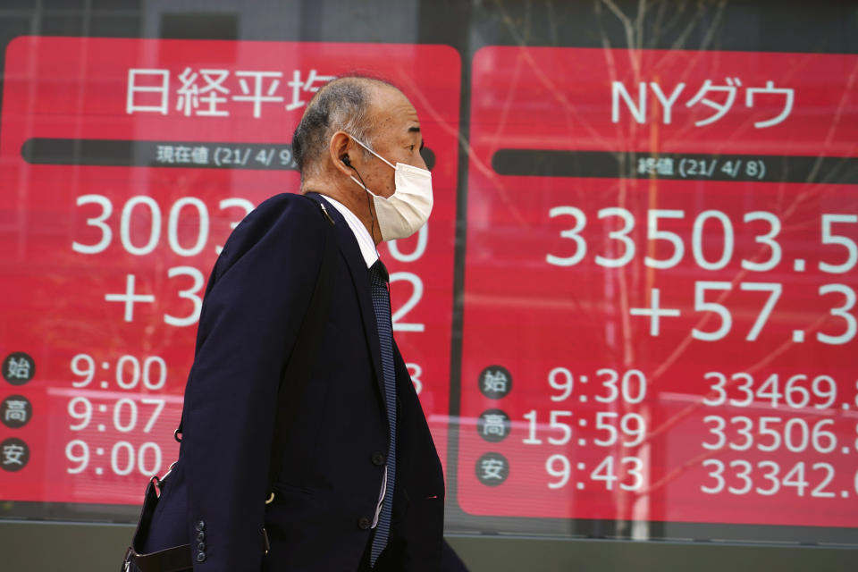 A man wearing a protective mask walks in front of an electronic stock board showing Japan's Nikkei 225 and New York Dow indexes at a securities firm in Tokyo Friday, April 9, 2021. Shares fell Friday in most Asian markets after China reported a stronger than expected rise in prices that could prompt authorities to act to cool inflation. (AP Photo/Eugene Hoshiko)