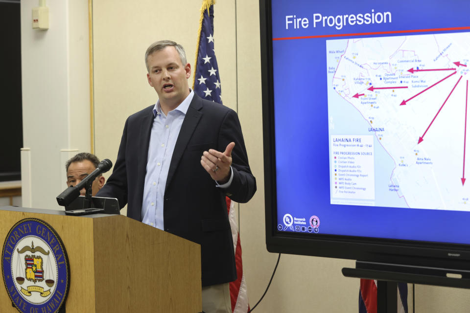 Fire Safety Research Institute (FSRI) member Steve Kerber speaks about the Maui Wildfire Phase One Report findings during a press conference on Wed, April 17, 2024, in Honolulu. (AP Photo/Marco Garcia)