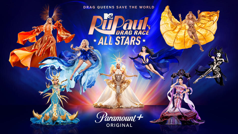 Promotional image for "RuPaul's Drag Race All Stars" featuring drag queens in elaborate costumes with a superhero theme