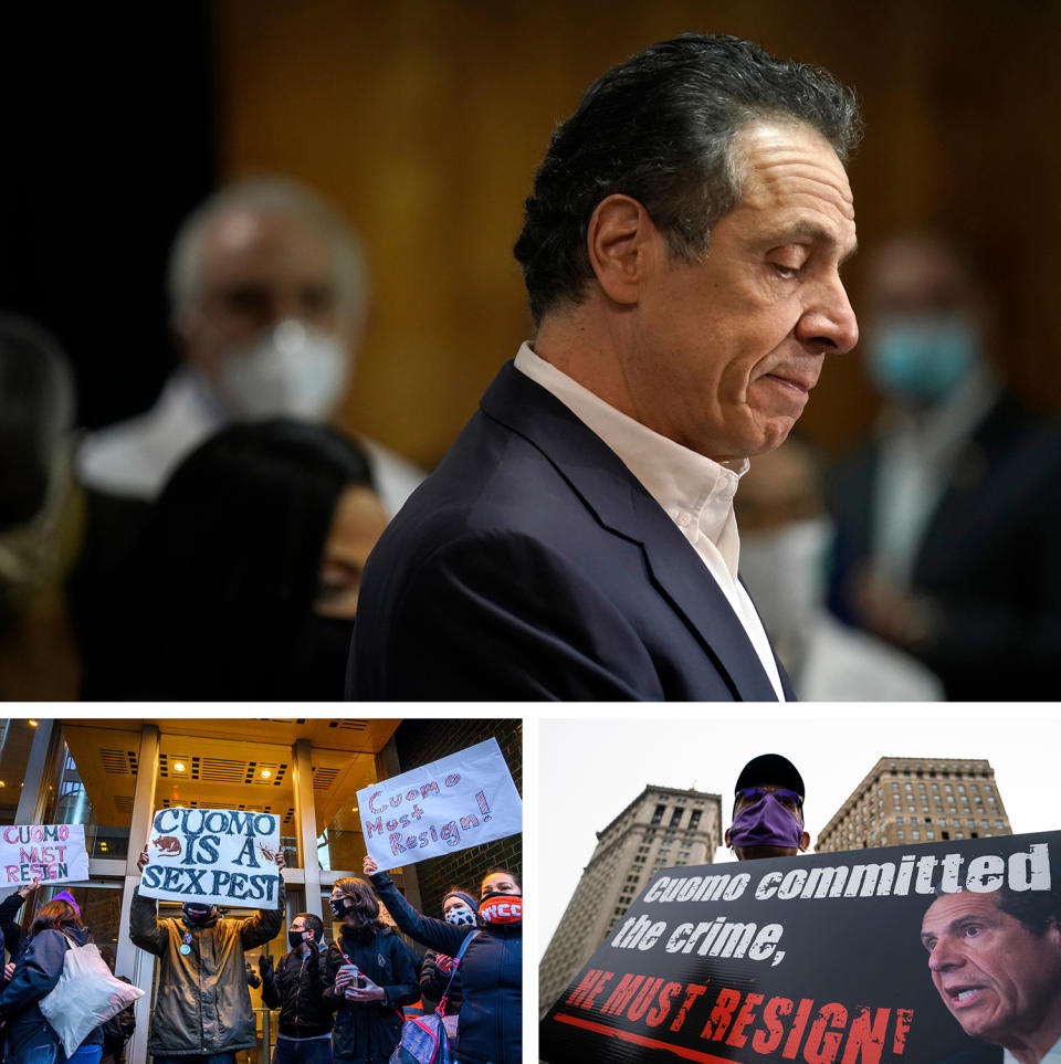 New York Gov. Andrew Cuomo speaks before getting a Covid-19 vaccine at a church in the Harlem neighborhood of New York, while demonstrators (bottom) rally for his resignation in New York on March 2, 2021.