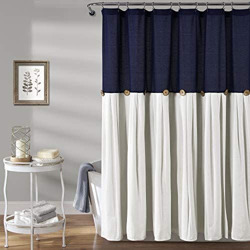 9) Lush Decor Navy & White Linen Button Shower Curtain