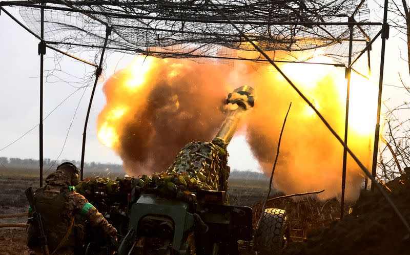 FILE PHOTO: Ukrainian artillery operates in a position near Bakhmut