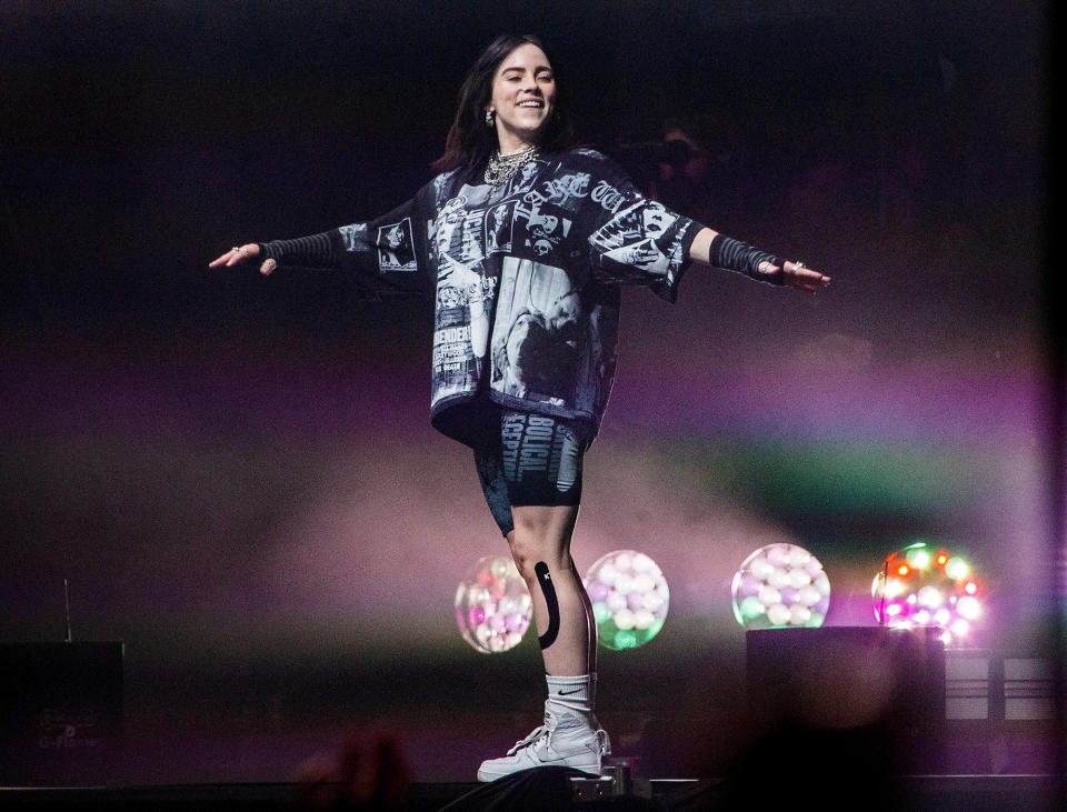 <p>Billie Eilish performs on the main stage at the Glastonbury Festival in Somerset, England, on June 24. </p>