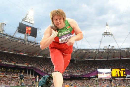 Belarus' Nadezhda Ostapchuk competes to win the women's shot put final at the athletics event of the London 2012 Olympic Games on August 6. Ostapchuk on Monday became the first medallist disqualified from the London Games for doping was stripped of her women's Olympic shot put title