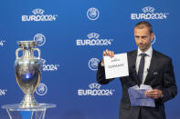 UEFA president Aleksander Ceferin, announces that Germany will stage the 2024 European Championships, during the Euro 2024 Host Announcement Ceremony, at the UEFA Executive Committee at the UEFA Headquarters, in Nyon, Switzerland, Thursday, September 27, 2018. (Martial Trezzini/Keystone via AP)