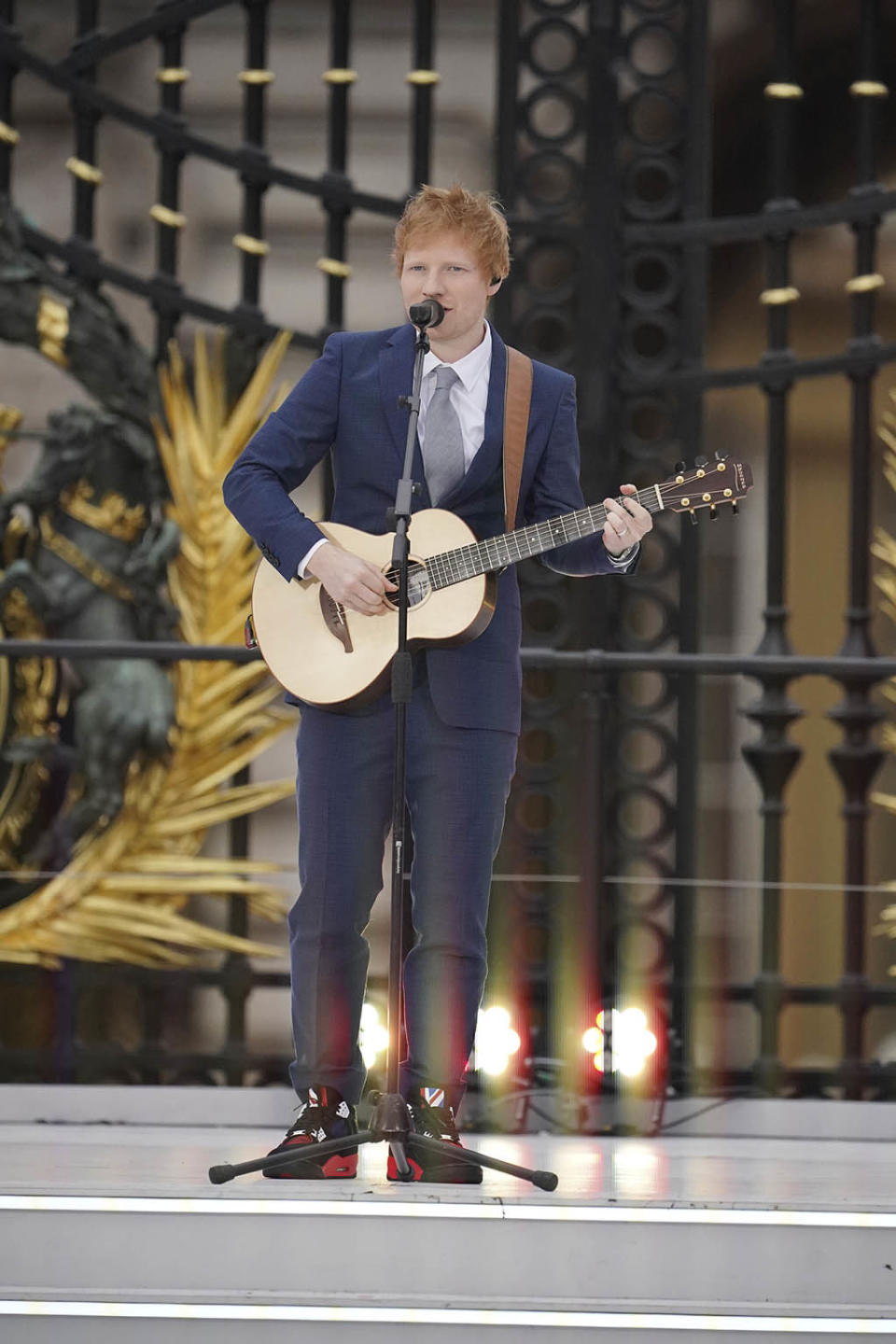 Ed Sheeran performs during the Platinum Jubilee Pageant outside Buckingham Palace in London on June 5, 2022. - Credit: AP