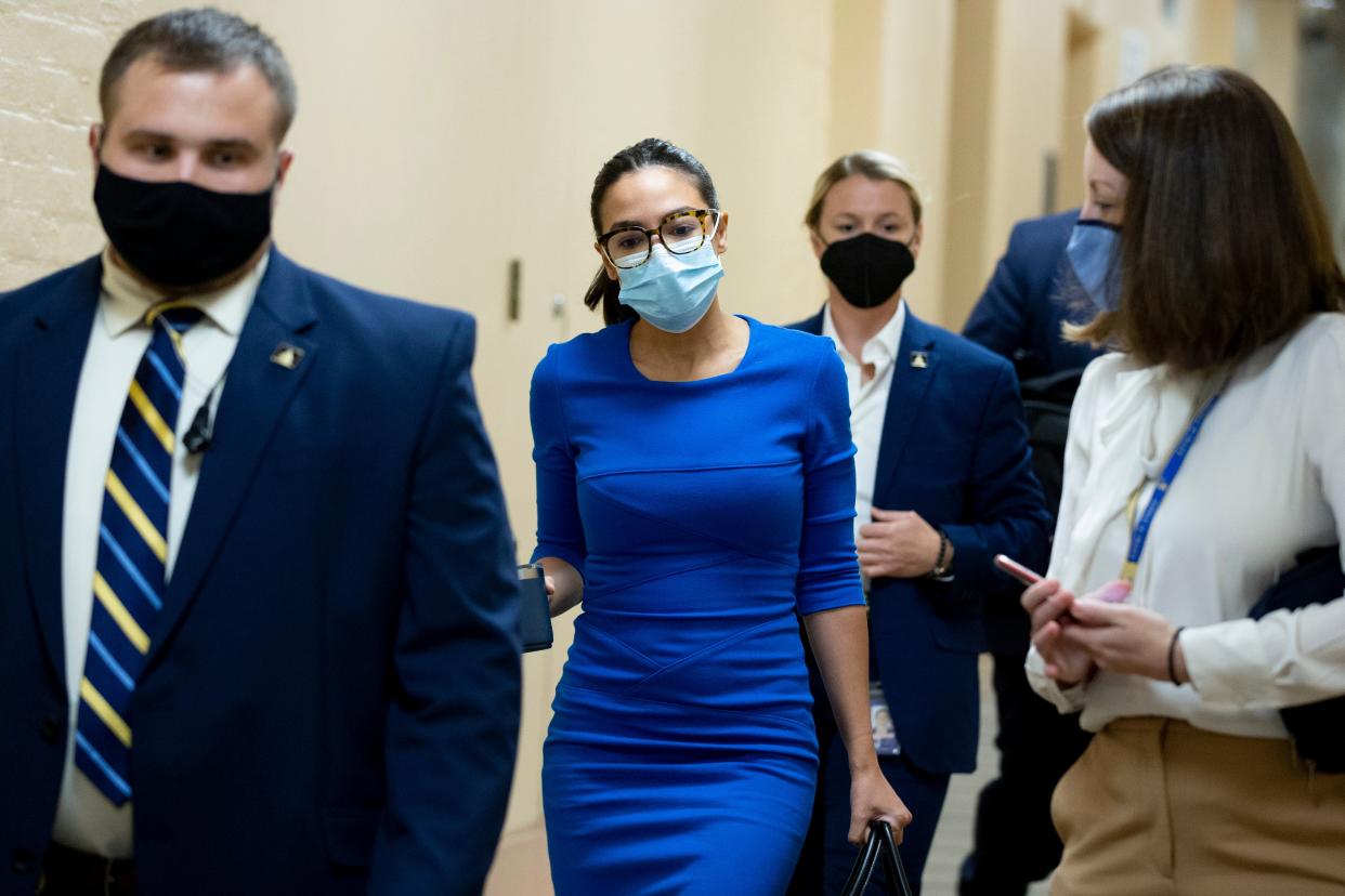 Democratic Representative from New York Alexandria Ocasio-Cortez (C) arrives for a Democratic Caucus meeting on Capitol Hill in Washington, DC, USA, 28 September 2021 (EPA)