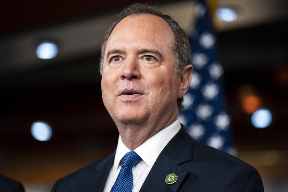 Representative Adam Schiff, a Democrat from California, speaks during a news conference at the US Capitol in Washington, DC, US, on Wednesday, Jan. 25, 2023. The House Speaker said he's blocking Democrats Schiff and Swalwell from serving on the Intelligence Committee, making good on a long-standing promise and opening a new front in the chamber's partisan battles.