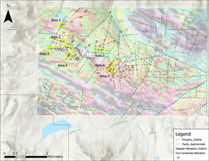 Compilation of historical data including observed locations with iron-carbonate alteration (1980s). Zones of iron-carbonate alteration were described as being structurally constrained but varying in width from 1m to 15m. Geochemical anomalies are outlined by area. Data overlies 2021 airborne vertical magnetic survey (25m).