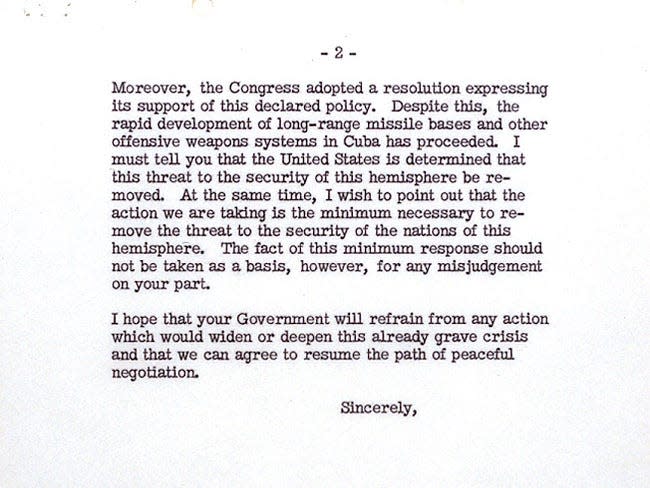 jfk letter to nikita khrushchev cuban missile crisis