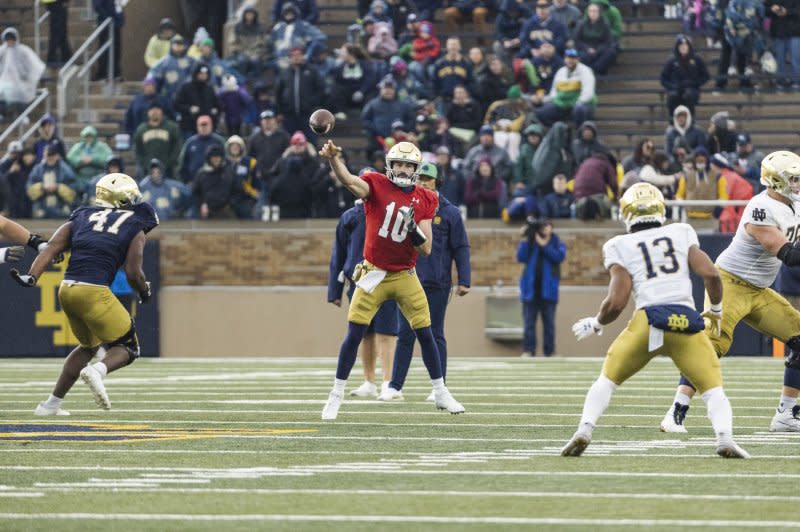 Quarterback Sam Hartman (10), who transferred to Notre Dame this off-season, will make his Fighting Irish debut against Navy on Saturday in Dublin. Photo courtesy of Notre Dame Athletics