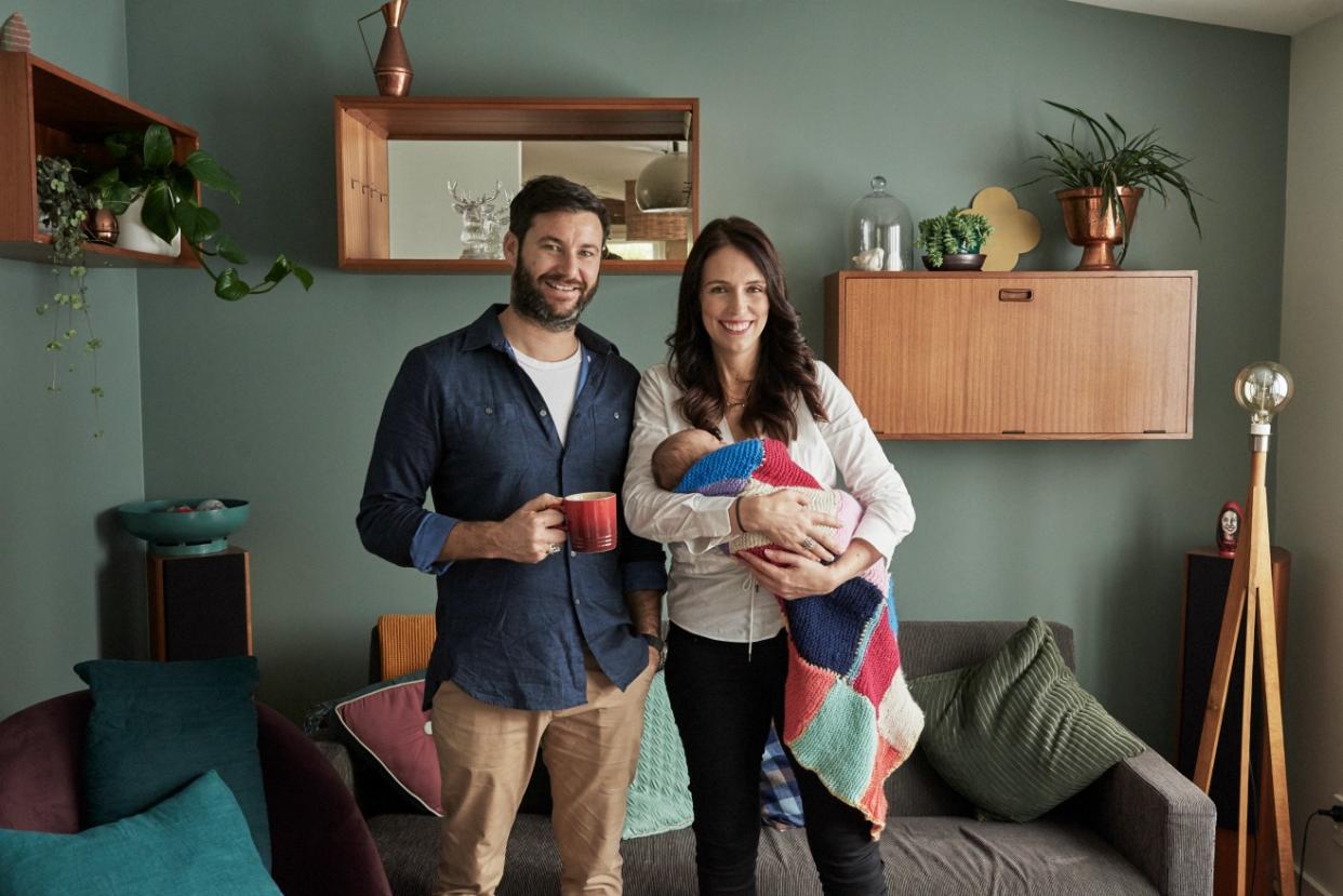 Prime Minister Jacinda Ardern and partner Clarke Gayford pose with their baby daughter Neve Gayford at their home on August 2, 2018 in Auckland, New Zealand. 