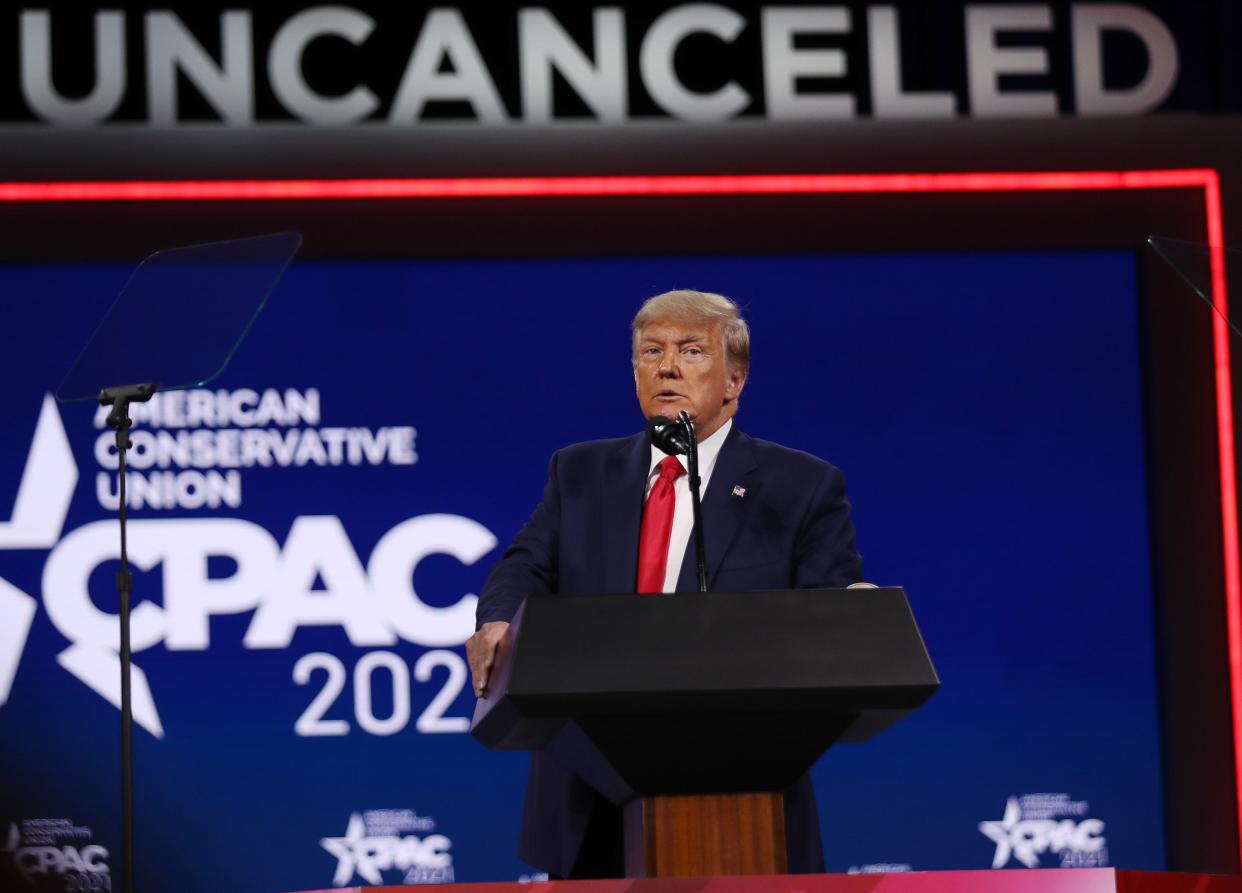 ORLANDO, FLORIDA - FEBRUARY 28: Former President Donald Trump addresses the Conservative Political Action Conference held in the Hyatt Regency on February 28, 2021 in Orlando, Florida. Begun in 1974, CPAC brings together conservative organizations, activists, and world leaders to discuss issues important to them. (Photo by Joe Raedle/Getty Images)