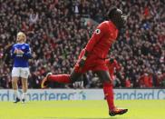 <p>Liverpool’s Sadio Mane celebrates scoring their first goal </p>